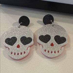 Glitter Acrylic Skull Earrings with Heart Eyes